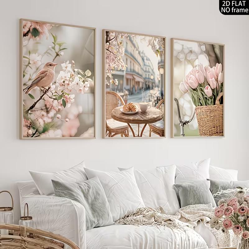 French Country Modern Paris Wall Art Suitable for Living Room Vertical French Streetscape Canvas Poster with Tulips, Spring Autumn Paintings