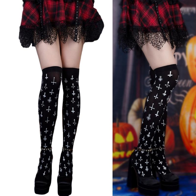 Women Thigh High Socks Over the Knee High Stockings Japanese Lolitas Cross Print Long Socks Thin Halloween Stockings
