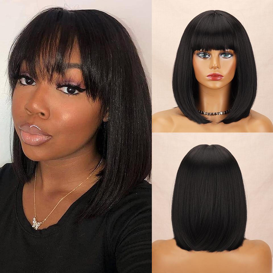 MISSQUEEN Synthetic Brown Gradient Bangs Bob Wig Shoulder-length Straight Wig Suitable for Female Role Daily Wig Heat-resistant Fiber