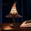 Retro Gothic Lighting Stained Glass Witch Hat Lamp, USB Powered Resin Night Light, Colored Lampshade Halloween Table Lamp for Bedroom Bookshelf Mantel