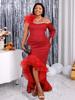 Elegant Lace Dresses for Ladies Cold Shoulder Burgundy Long Ruffles Irregular Evening Cocktail Club Party Outfits