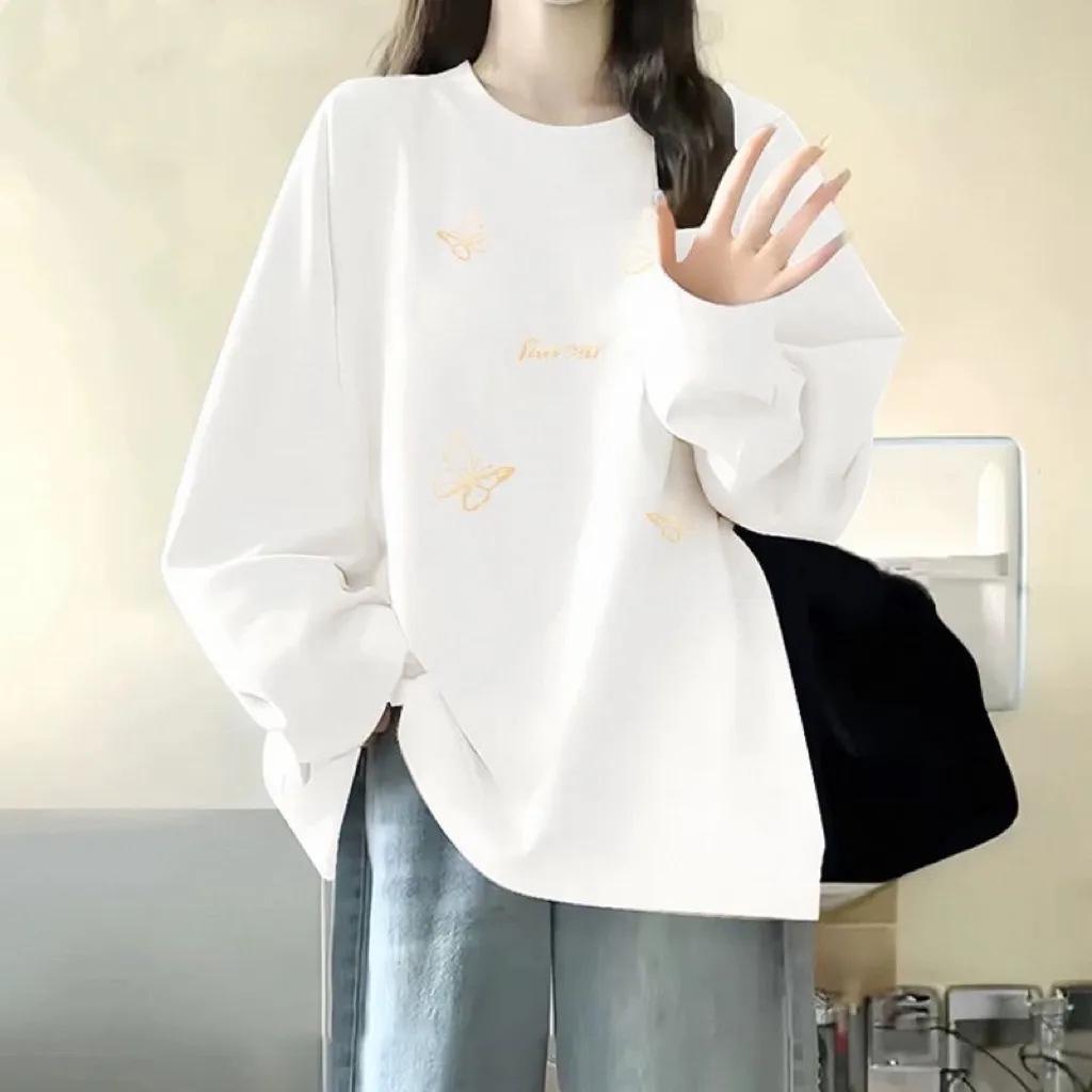 Damen reiner Baumwoll-Langarm-College-Stil Oberteil - Frühling/Herbst Koreanisches Rundhals-Übergrößen-Shirt