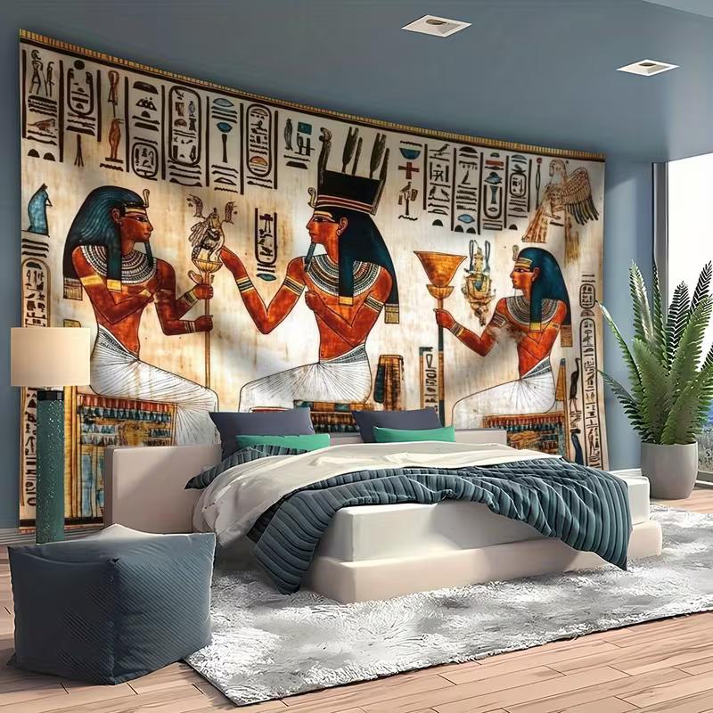 2D Vintage Egyptian Pharaoh Mural Wallpaper, Hieroglyphic Print Wall Covering for Living Room & Office