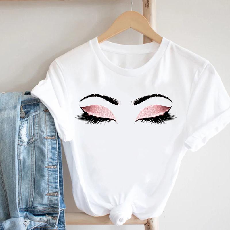 Summer Fashion Women T-shirt Short Striped Make Up Printing Spring Sleeve Lady Print Tee Top Female Clothing Casual Graphic T-shirt