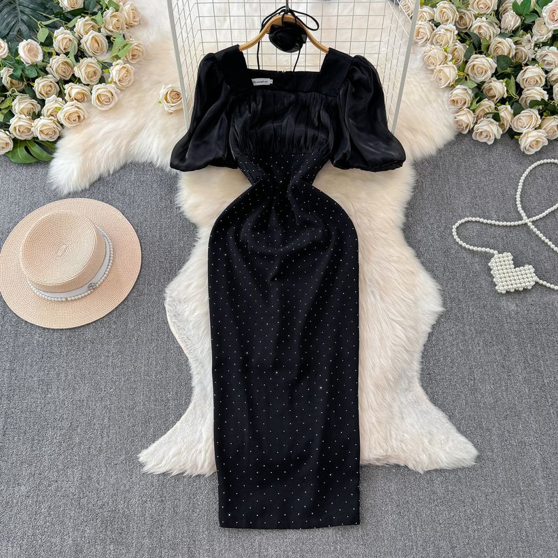 

European Station New Arrival Fashion Elegant Elegant Lady of Note Short Sleeve Dress Fancy Hip Hot Drilling Square Collar Dress Dress Black L