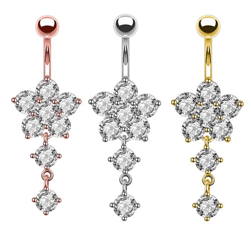 Butterfly-bow Dangled Navel Ring Piercing 14G Flower Heart Crystal CZs Belly Button Ring for Women Stainless Steel Belly Jewelry