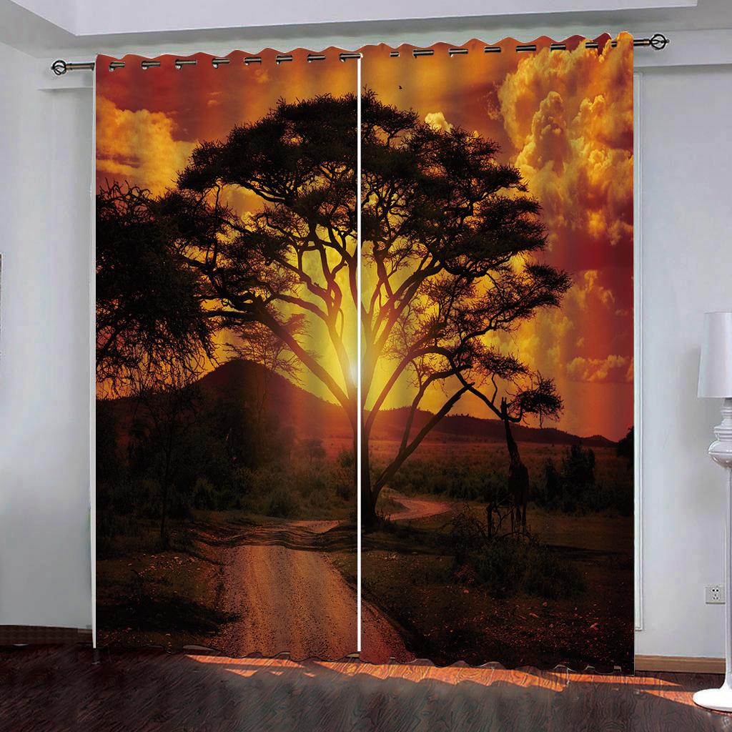 Ready-made Natural Senery Forest Sunset Thin Window Curtains For Kids Bedroom Living Room Bathroom Kicthen Door Hall Home2Pieces