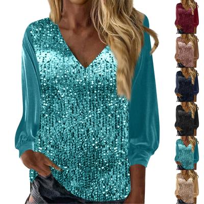 Womens Sequin Tops V Neck Sparkly Glitter Blouses Loose Long Sleeve Holiday Evening Party Shiny Dressy Shirts