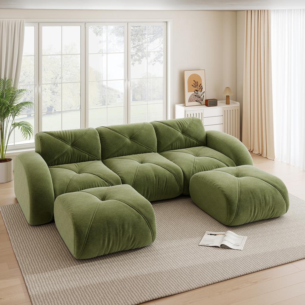 U-shaped 3-seater modular sofa, includes 2 stools, suitable for living room, comfortable fabric, non-slip design, no assembly required, Green