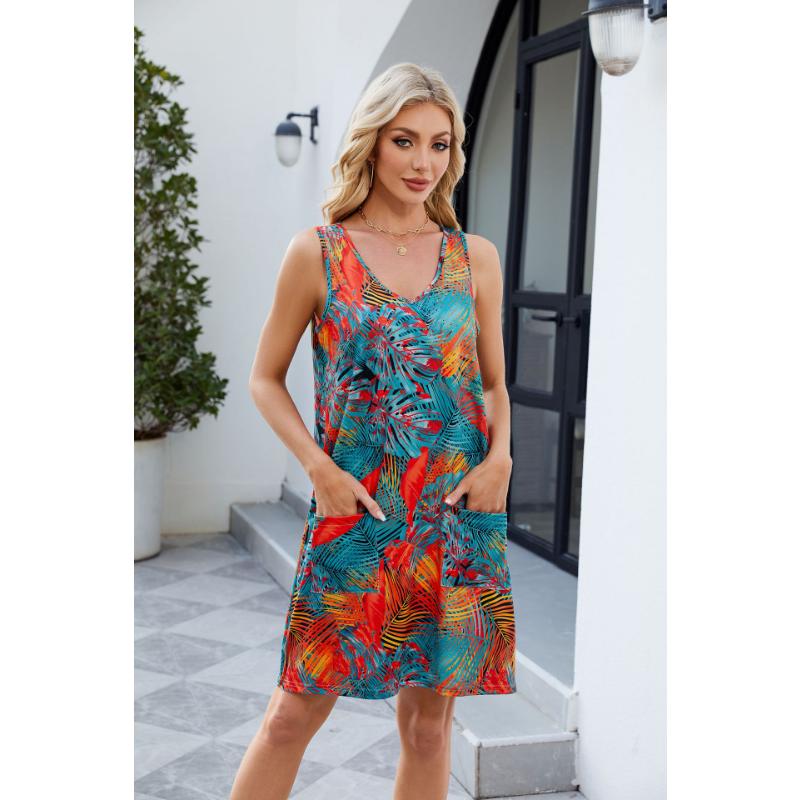 Women's Spring Summer Tropical Print Sleeveless Tank Dress Casual Loose V-Neck Beach Cover Up Dress