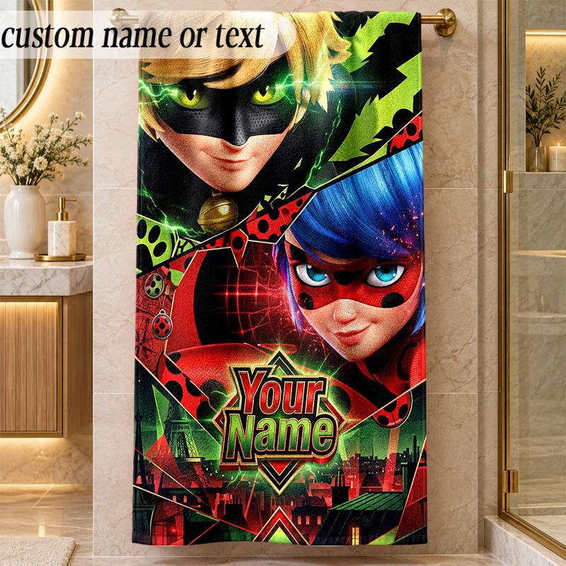 Beach TowelMiraculous Ladybug Custom Name Text Personalized Soft Towel for Beach Pool Indoor Home Decor Gift