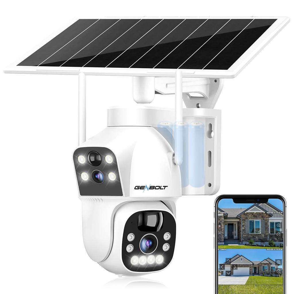 2K Dual Lens Outdoor Wireless Security Camera with Auto PTZ No Power Supply 15600mAh Nighttime Color Sensor PIR Human Remote Japanese Instruction 8W
