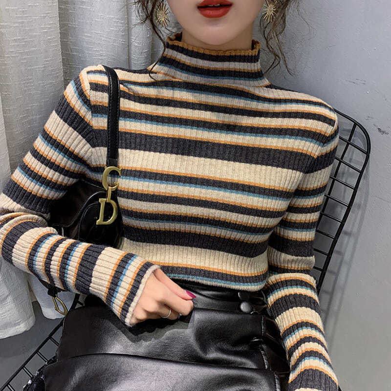 

Осенне-зимний корейский свитер с высоким воротником и полосатым узором в цветных блоках, облегающий свитер-пуловер, женский базовый свитер S