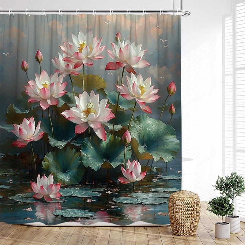 

Шторка для душа «Цветы лотоса» Натуральные зеленые листья Растение Цветочный Китайский стиль Занавески для ванны Ткань Домашний декор для ванной комнаты с крючками 120x180cm-47x70in