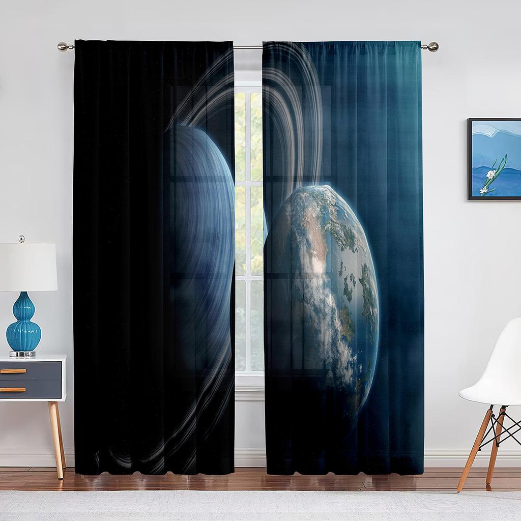 Galaxy Tulle Curtains Blue Red Planets Orbital Ring Stars Outer Space Sheer Voile Curtain for Living Room Bedroom Kitchen Decor