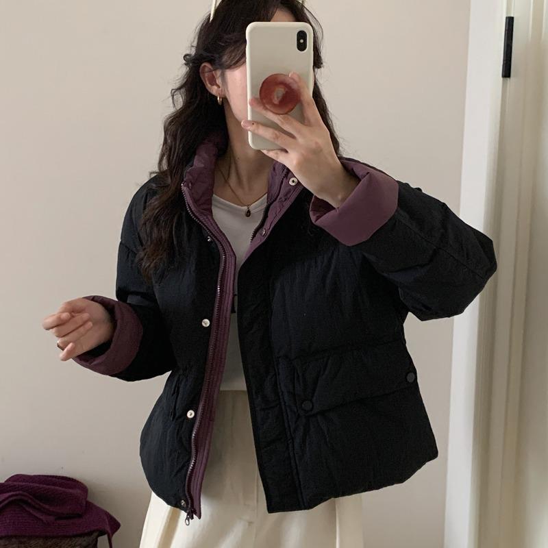 Real Shot Korean Version New Color Matching Down Cotton Suit for Women's Short Fashionable Loose Stand-collar Bread Suit with Thick Coat