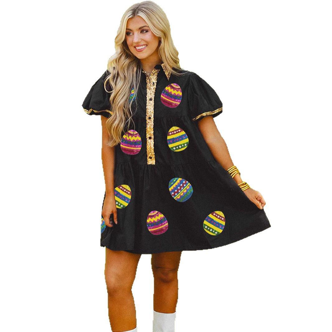 

Платье миди с пайетками SHIYING: Европейский/Американский стиль, Полуоткрытая горловина, Рукав пять четвертей, Пуловер с завышенной талией для женщин L чёрный