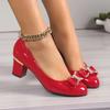 Fashionable High Heels for Women with A Shallow Mouth, Large Size, Thick Heels and Round-toe Bowknots Pumps for Women
