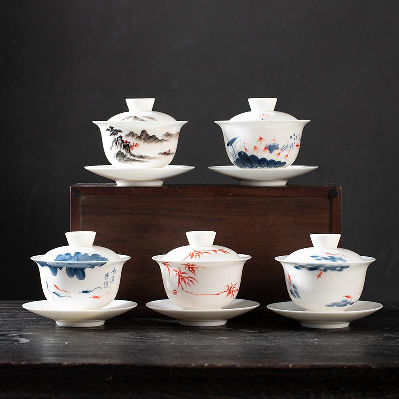 Hover Sancai Gaiwan Teacup Single Large Hand-Painted White Porcelain Tea Set Ceramic Anti-Scalding Tea Bowl