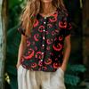 Women's Fashion Henley Neck Single Breasted Halloween Print Shirt Short Sleeve Casual Blouse Lightweight Button Down Top