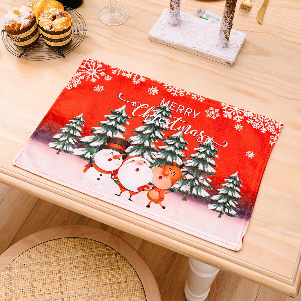 

Adorable Christmas Themed Table Decor Red Snowflake Plush Santa Snowman Reindeer Placemats Three Green Tree