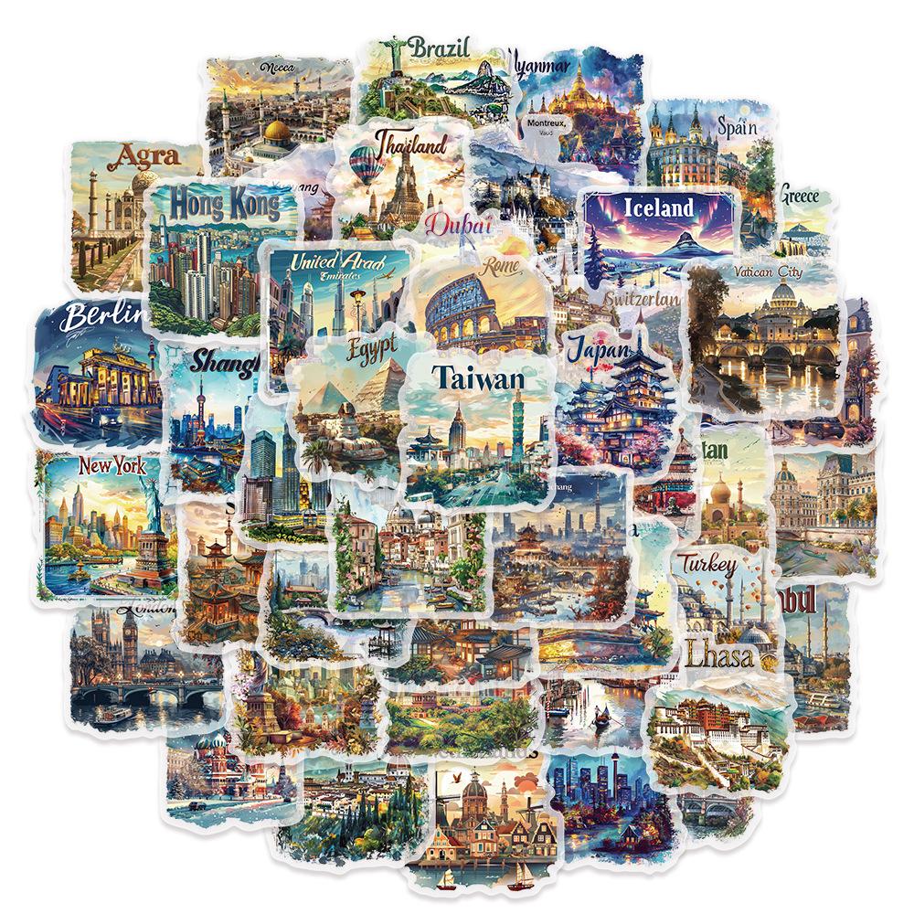 

50pcs Famous City Stickers Travel Postcard DIY Gift Graffiti PET Decal for Phone Luggage Laptop Scrapbook Waterproof Sticker