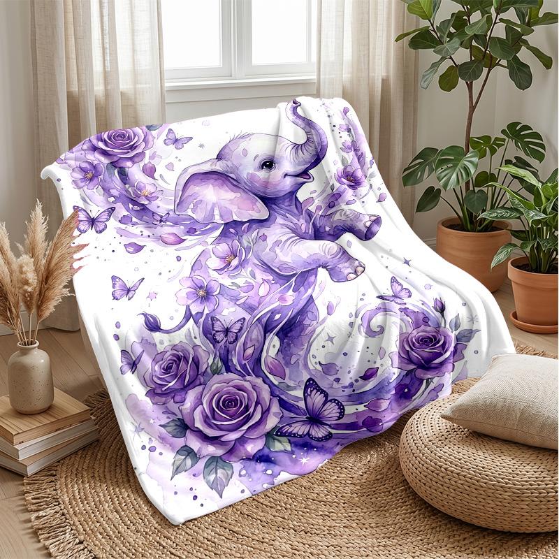 Purple Elephant In Galaxy River Theme Blanket Lightweight Warm Flannel Blanket Decorative Throw Blanket for Home Decoration