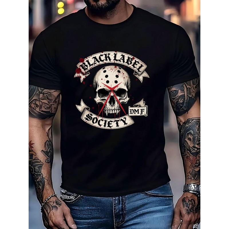 

European sizes Men S Label Society Graphic T-Shirt - Edgy Mask-Inspired Skull & Red Splatter Design, Gothic Rock Biker Streetwear Style, 4XL