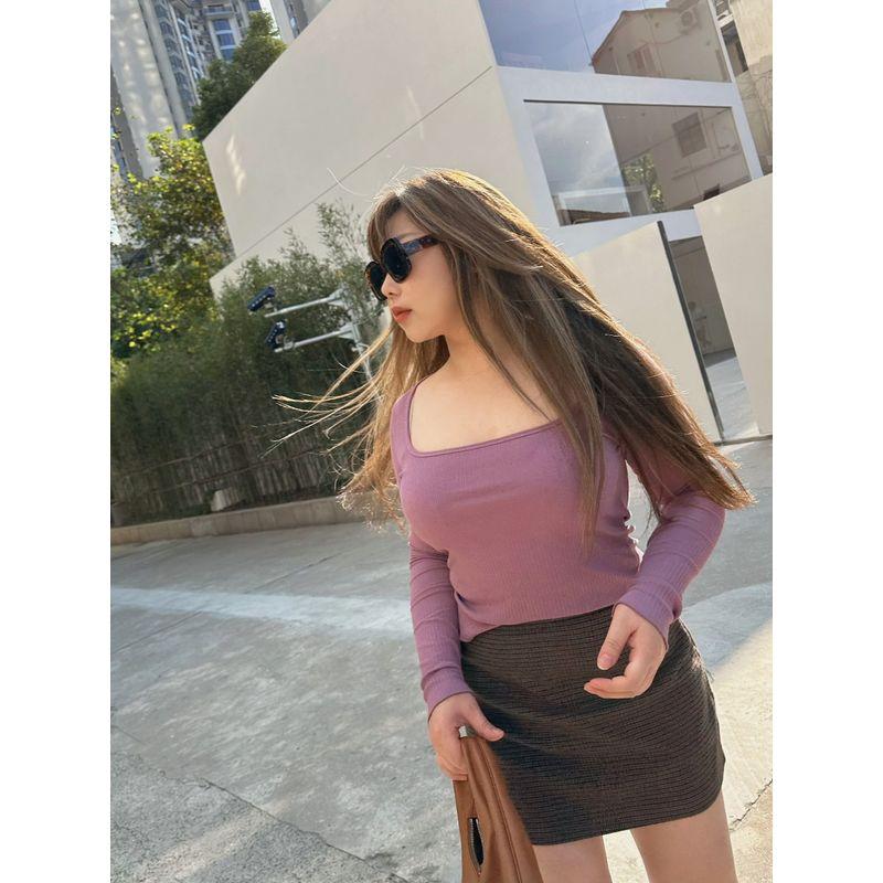 

Miss Biggie European and American Plus size Slimming Versatile Slim fit Stretch Rib Knitted Square-Cut Collar Long sleeves Shirt Fuchsia XL