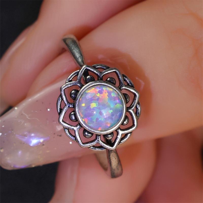 Fashion Korean ancient silver smeared round white flower ring no. 6