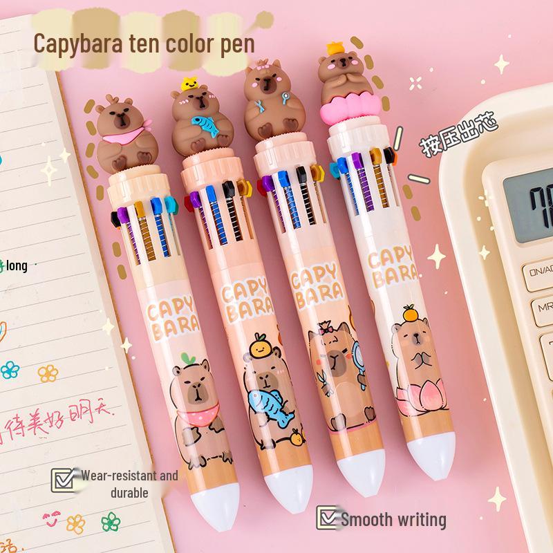 Capybara Multi-Color Cartoon Ballpoint Pen - Ten Colors Press-Type Note Marker for Students