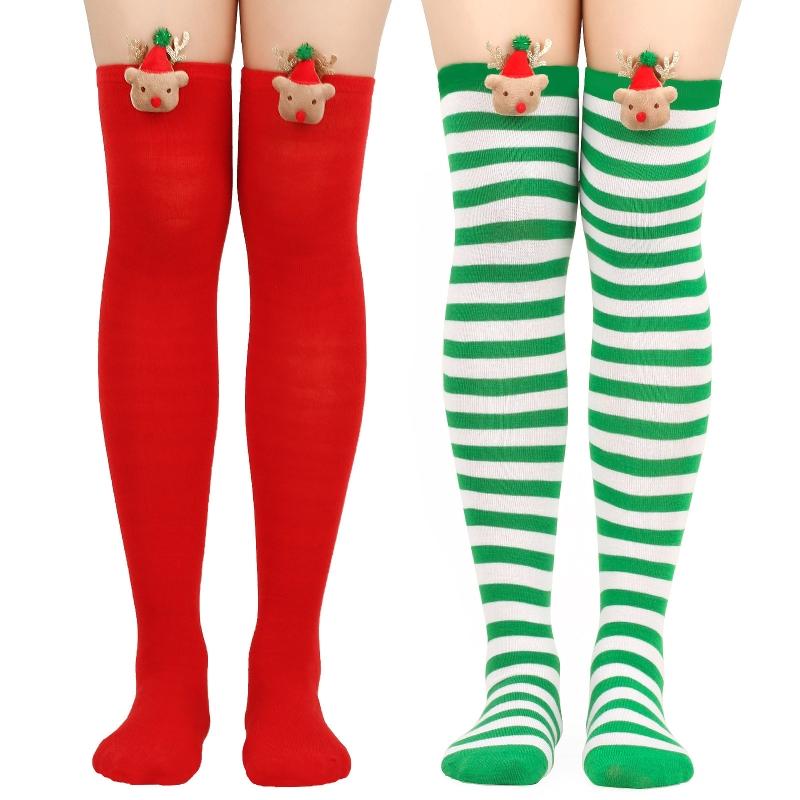 Women Christmas Over Knee Long Socks Cartoon 3D Elk Bowknot Striped Print Thigh High Stockings Holiday Party Hosiery