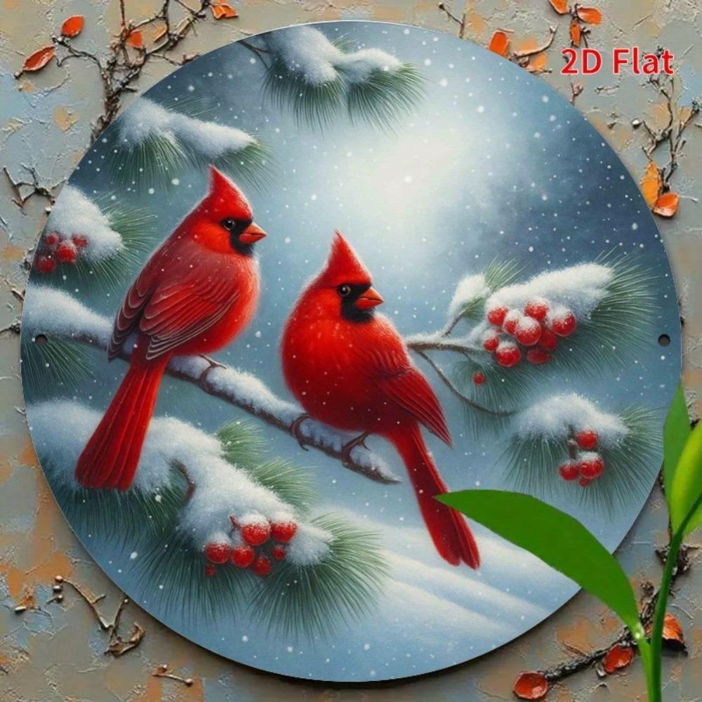 Winter Snow Red Cardinal Double Habitat Iron Wall Art Round 7.8 Inch Metal Sign Home Decor Coffee Shop Restaurant Gift Christmas Holiday Decoration
