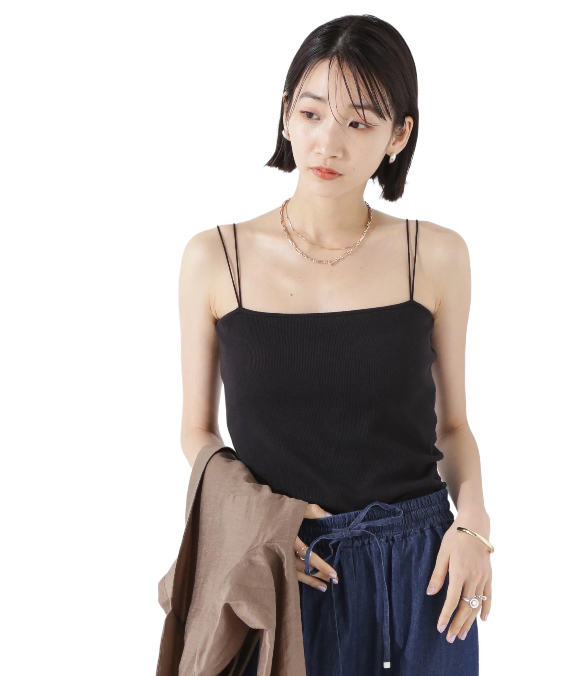 

Nano Universe Антибактериальный и дезодорирующий рубчатый топ-камисоль с чашками двойного F, на бретелях, женский, 010, черный, 673-5124300