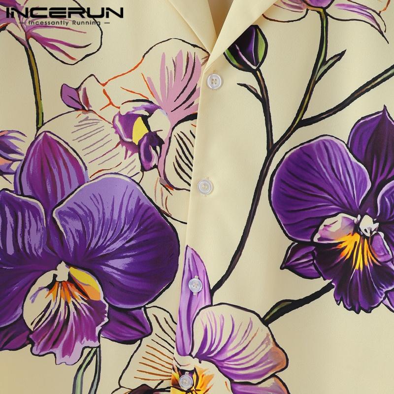INCERUN Oversized Men Lapel Neck Short Sleeve Floral Print Casual Shirts
