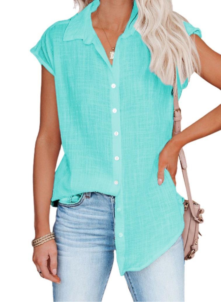 

Women s Solid Color Turn-Down Collar Sleeveless Button-Up Cotton Blouse Loose Casual Summer Top 5XL озеро синього кольору