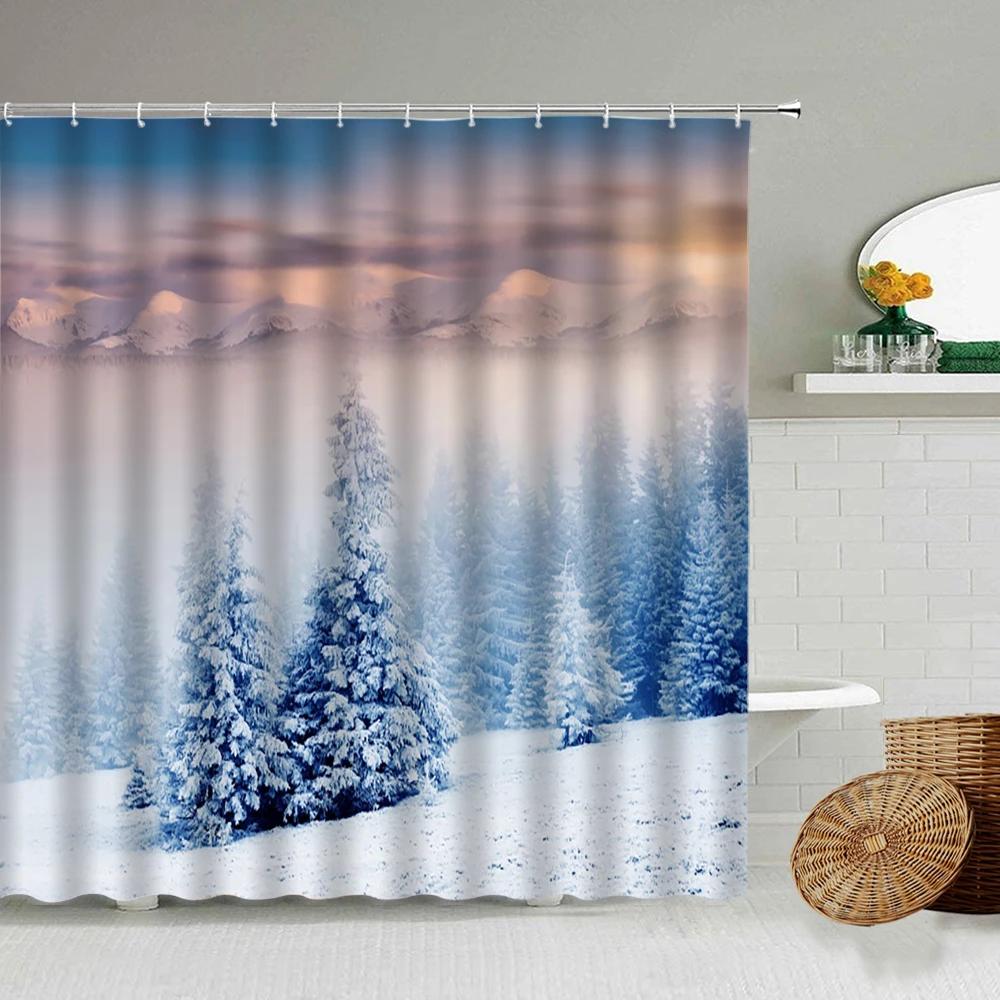 

Snow Landscape Shower Curtain Winter Natural Forest Sunset Scenery Bath Curtain Bathroom Decor With Hooks Waterproof Screen W60H190(CM)-1 Pcs