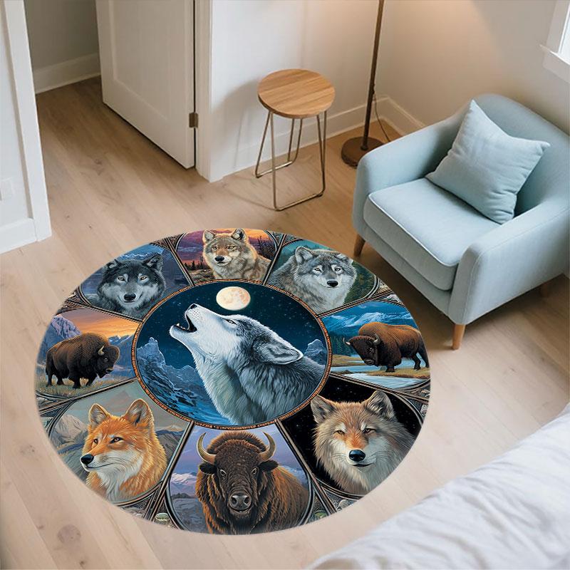 Wolf pattern round rug,Carpet Rug for Living Room Bedroom Playroom ,Non-slip Floor Mat,Holiday Gifts and Birthday Gifts.