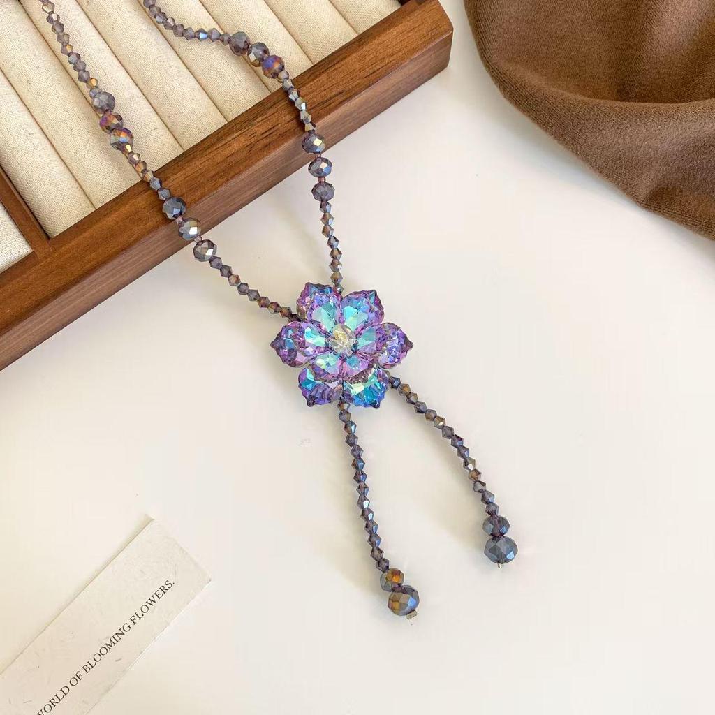 Purple Crystal Flower Sweater Chain: Elegant Women's Long Necklace, New Chinese Style, Versatile Pendant Accessory