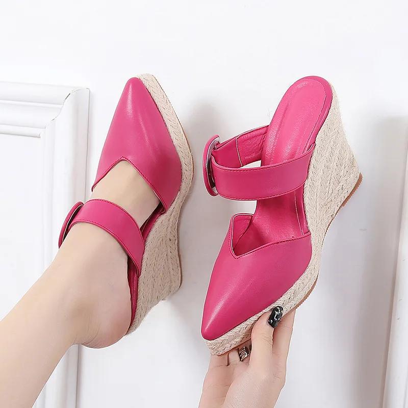 2025 Summer Shoes Women Platform High Heels Sandals Brand Ladies Wedges Sandals Pointed Toe Black Pink Yellow Big Size 42 A43540