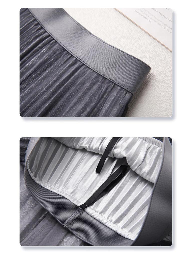 Women's Gradient Mesh Pleated Midi Skirt - 2025 Spring Collection, High Waist A-line with Slimming Drapes