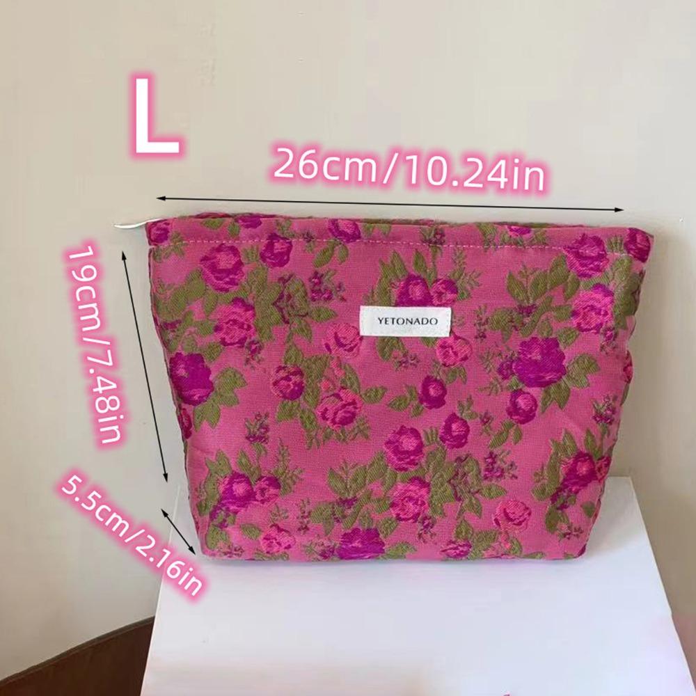 Polyester Canvas Flower Clutch Bag Flower Pattern Zipper Closure Cosmetic Storage Pouch Large Capacity Portable Makeup Bag