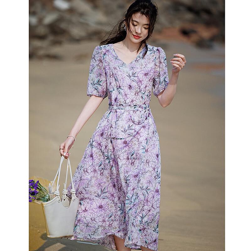Demana 'Blossom Radiance' Printed Chiffon V-Neck Belted Irregular Hem Dress