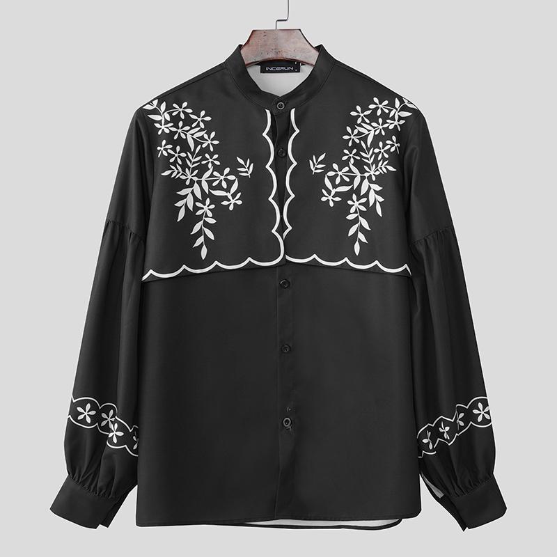 INCERUN Men Lapel Neck Long Sleeve Patchwork Print Buttons Up Casual Shirts S чёрный
