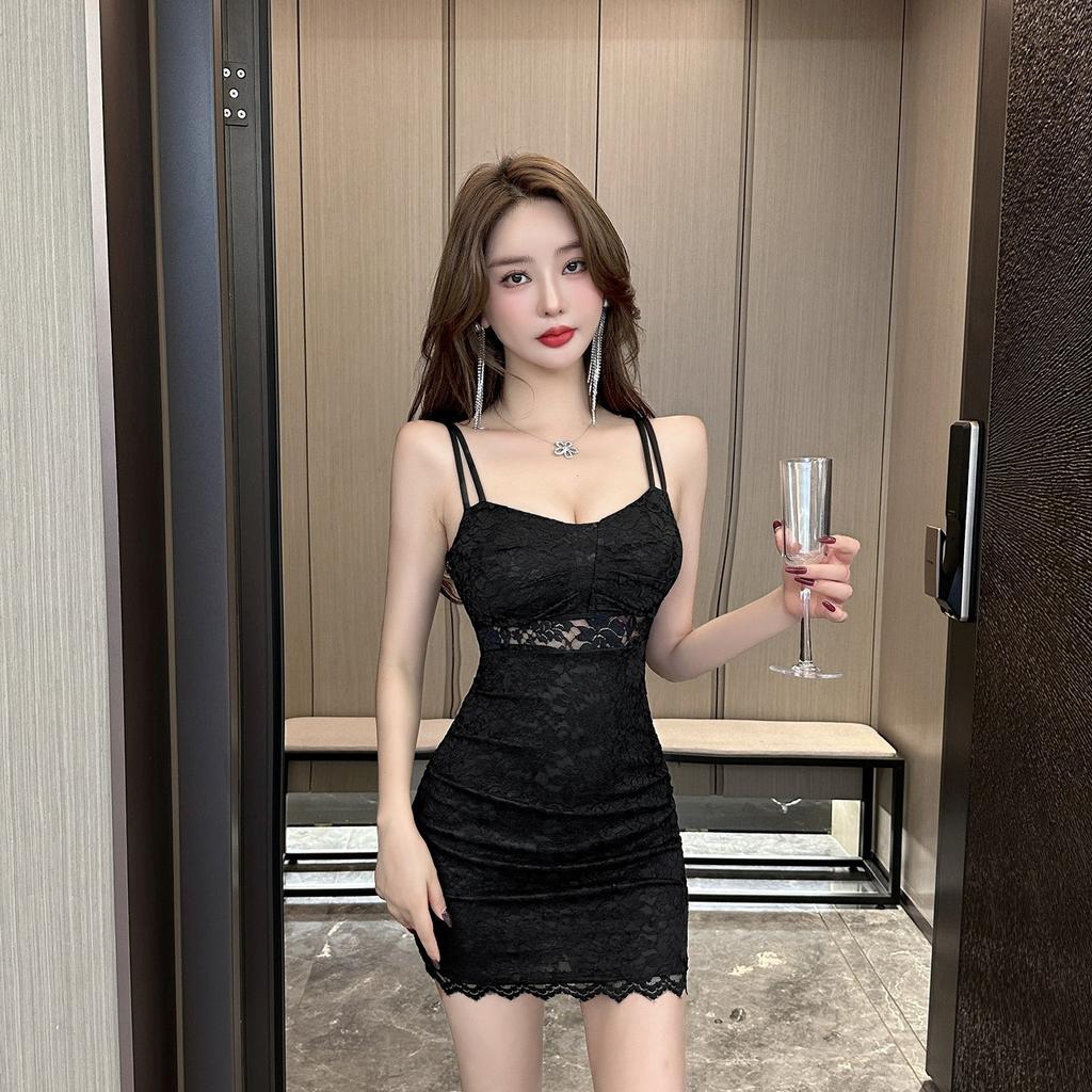 Pure Desire Wind Low-cut Sexy Suspender Dress Women's Clothing Slim-fitting Lace Hollow-out Thin Hip-wrapped Short Skirt