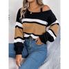Casual Color Block Autumn Winter Striped Lantern Sleeve Cold Shoulder Metal Buckle Women's Fashion Pullover Sweater
