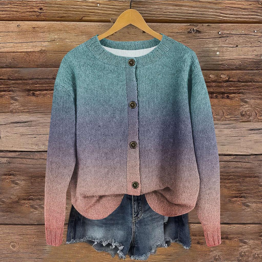 Women's Vintage Knit Button Gradient Print Cardigan Jacket