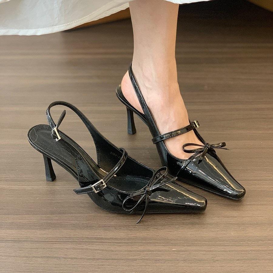 Black high heels bow bag head sandals women's shoes spring temperament fairy pointed single shoes