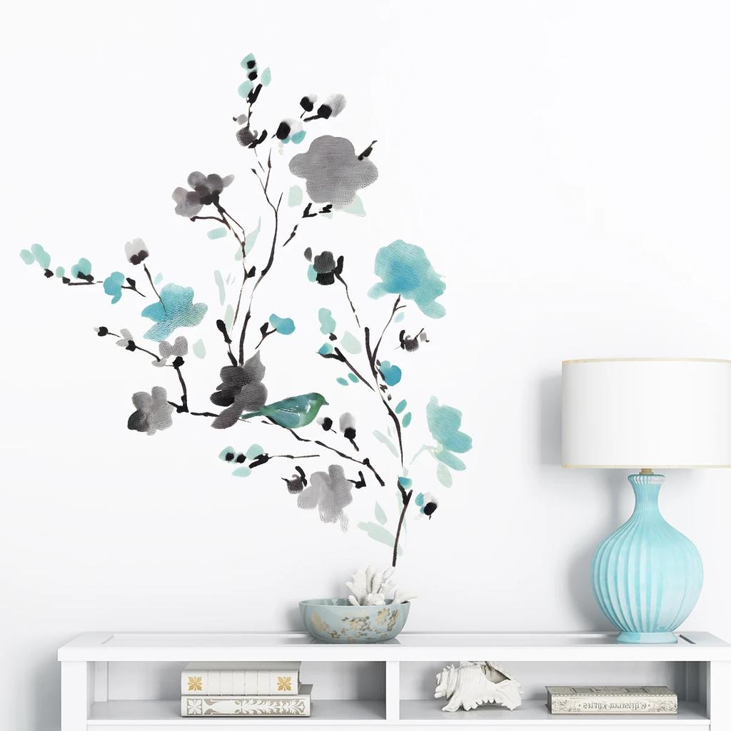 1 Stück Aquarell Vogel Pflaume Pfirsichblüte Wandaufkleber Für Wand Fenster Schlafzimmer Dekoration Raumdeko Für Haus