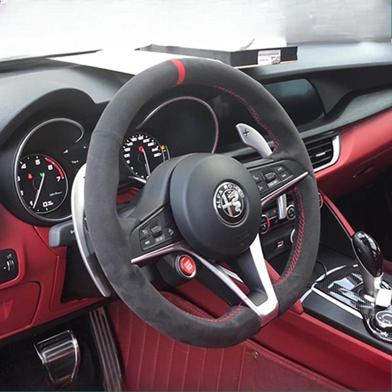 

For Alfa Romeo Giulia Stelvio 2015-2018 Auto Parts hand-stitched non-slip black red Suede Car Steering Wheel Cover